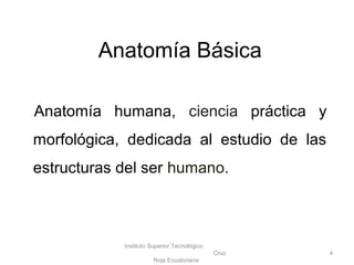 Anatomía Básica
Anatomía humana, ciencia práctica y
morfológica, dedicada al estudio de las
estructuras del ser humano.
Instituto Superior Tecnológico
Cruz
Roja Ecuatoriana
4
 