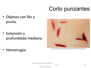 Corto punzantes
• Objetos con filo y
punta.
• Extensión y
profundidad mediana.
• Hemorragia.
Instituto Superior Tecnológico
Cruz
Roja Ecuatoriana
60
http://apuntesmedicinalegal.blogspot.com/2010/04/lesiones-por-armas-blancas.html
 