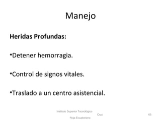 Heridas Profundas:
•Detener hemorragia.
•Control de signos vitales.
•Traslado a un centro asistencial.
Instituto Superior Tecnológico
Cruz
Roja Ecuatoriana
65
Manejo
 