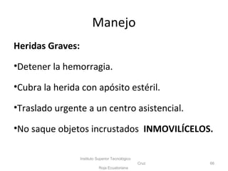 Heridas Graves:
•Detener la hemorragia.
•Cubra la herida con apósito estéril.
•Traslado urgente a un centro asistencial.
•No saque objetos incrustados INMOVILÍCELOS.
Instituto Superior Tecnológico
Cruz
Roja Ecuatoriana
66
Manejo
 