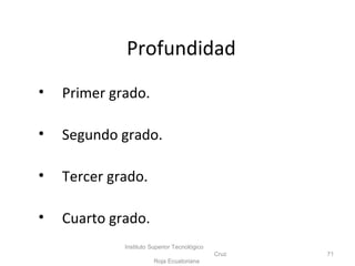 Profundidad
• Primer grado.
• Segundo grado.
• Tercer grado.
• Cuarto grado.
Instituto Superior Tecnológico
Cruz
Roja Ecuatoriana
71
 
