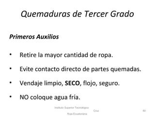 Primeros Auxilios
• Retire la mayor cantidad de ropa.
• Evite contacto directo de partes quemadas.
• Vendaje limpio, SECO, flojo, seguro.
• NO coloque agua fría.
Instituto Superior Tecnológico
Cruz
Roja Ecuatoriana
80
Quemaduras de Tercer Grado
 