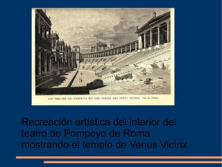 Recreación artística del interior del teatro de Pompeyo de Roma mostrando el templo de Venus Victrix 