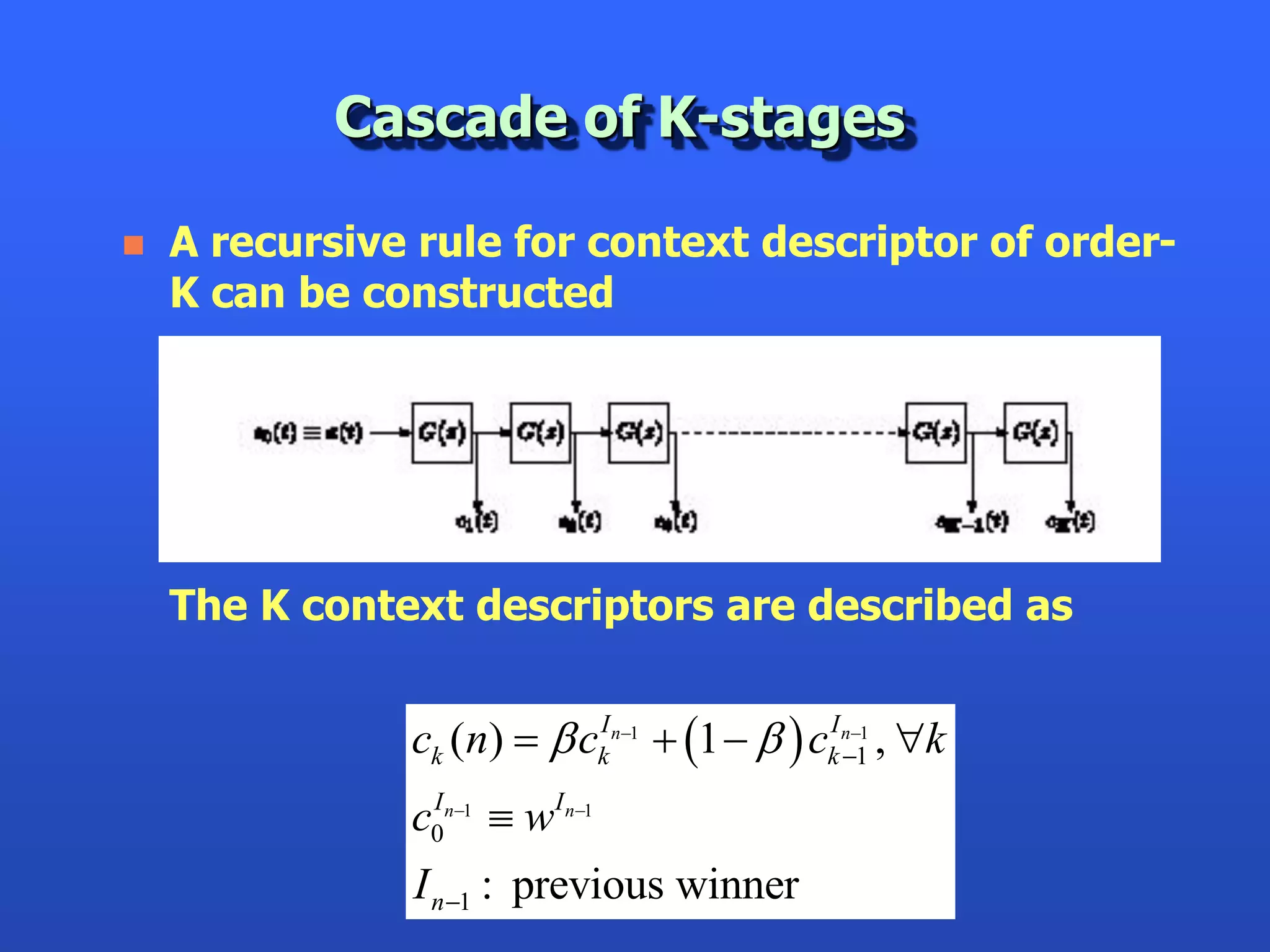 Cascade of K-stages

   A recursive rule for context descriptor of order-
    K can be constructed




    The K context descriptors are described as


               ck (n)   ckIn1  1    ckIn1 , k
                                                  1



               c0n1  wIn1
                I


               I n 1 : previous winner
 
