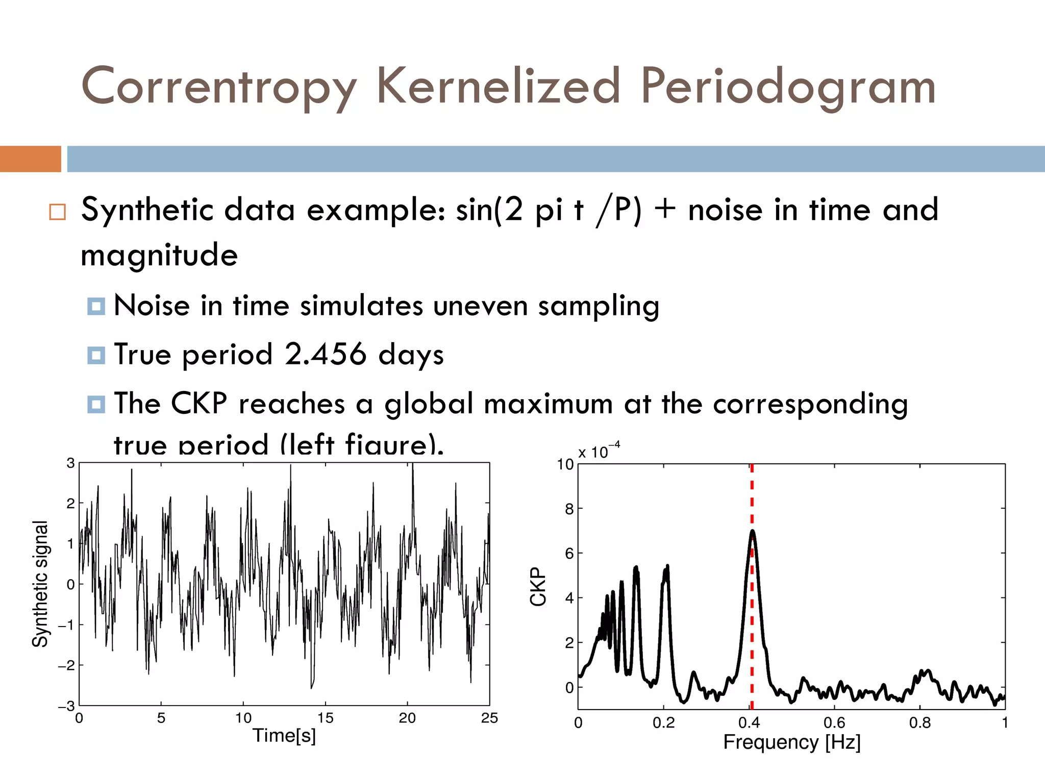 Correntropy Kernelized Periodogram

   Synthetic data example: sin(2 pi t /P) + noise in time and
    magnitude
     Noise in time simulates uneven sampling
     True period 2.456 days

     The CKP reaches a global maximum at the corresponding
      true period (left figure).
 