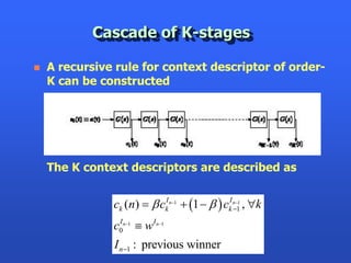 Cascade of K-stages

   A recursive rule for context descriptor of order-
    K can be constructed




    The K context descriptors are described as


               ck (n)   ckIn1  1    ckIn1 , k
                                                  1



               c0n1  wIn1
                I


               I n 1 : previous winner
 