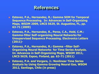 References

   Estevez, P.A., Hernandez, R.: Gamma SOM for Temporal
    Sequence Processing. In: Advances in Self-Organizing
    Maps, WSOM 2009, LNCS 5629, St. Augustine, FL, pp.
    63-71 (2009)
   Estevez, P.A., Hernandez, R., Perez, C.A., Held, C.M.:
    Gamma-filter Self-organizing Neural Networks for
    Unsupervised Sequence Processing. Electronics Letters
    (2011)-
   Estevez, P.A., Hernandez, R.: Gamma –filter Self-
    Organizing Neural Networks for Time Series Analysis.
    In: Advances in Self-Organizing Maps, WSOM 2011,
    LNCS 5629, Espoo, Finland, pp. 63-71 (2011)
   Estevez, P.A. and Vergara, J.: Nonlinear Time Series
    Analysis by Using Gamma Growing Neural Gas, WSOM
    2012, Santiago, Chile (in press)
 
