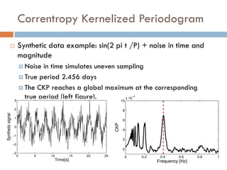 Correntropy Kernelized Periodogram

   Synthetic data example: sin(2 pi t /P) + noise in time and
    magnitude
     Noise in time simulates uneven sampling
     True period 2.456 days

     The CKP reaches a global maximum at the corresponding
      true period (left figure).
 
