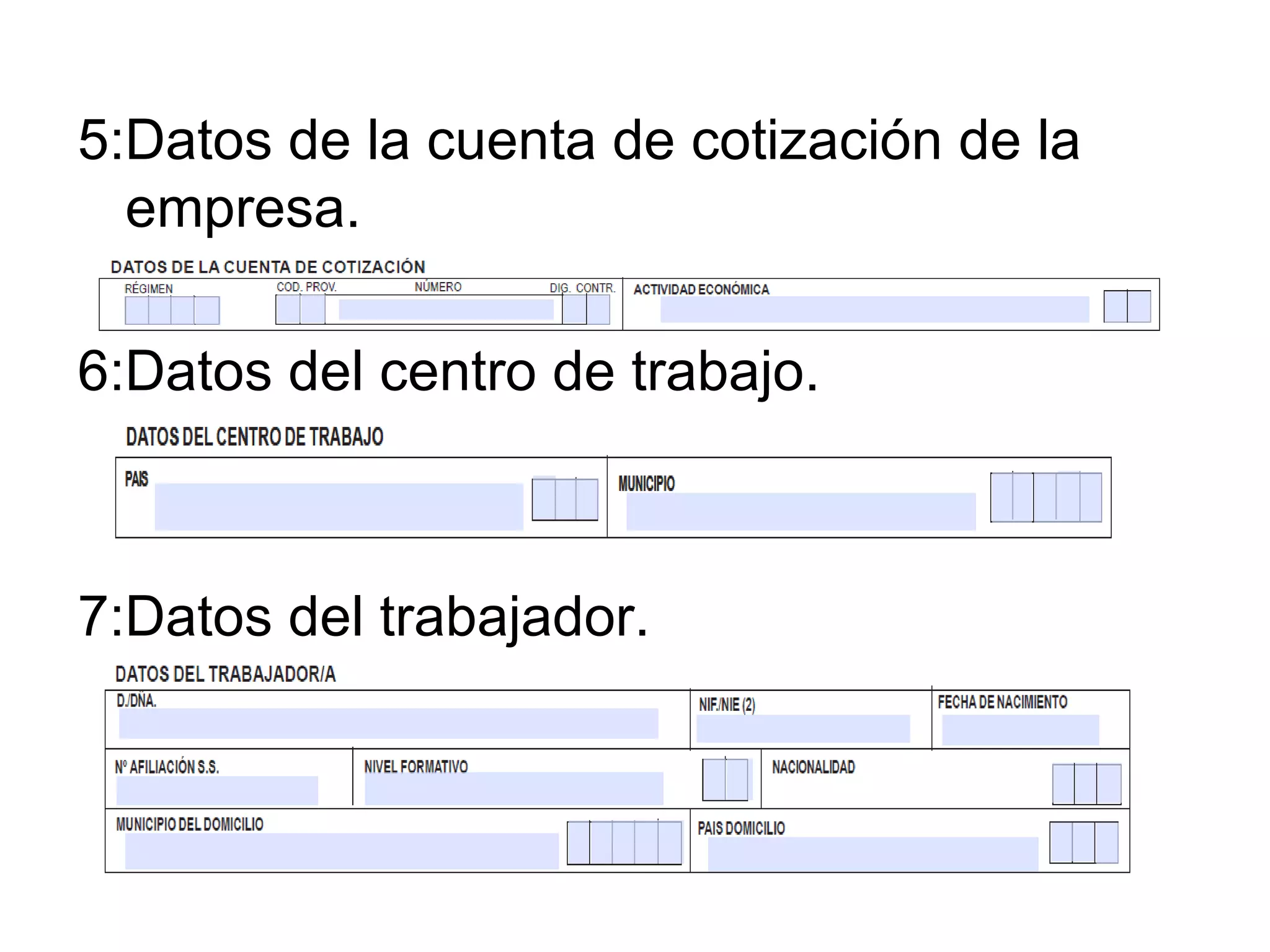 5:Datos de la cuenta de cotización de la empresa. 6:Datos del centro de trabajo. 7:Datos del trabajador. 