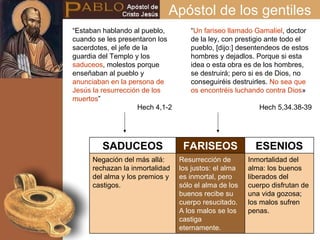 Apóstol de los gentiles “ Estaban hablando al pueblo, cuando se les presentaron los sacerdotes, el jefe de la guardia del Templo y los  saduceos , molestos porque enseñaban al pueblo y  anunciaban en la persona de Jesús la resurrección de los muertos ” Hech 4,1-2 Inmortalidad del alma: los buenos liberados del cuerpo disfrutan de una vida gozosa; los malos sufren penas. Resurrección de los justos: el alma es inmortal, pero sólo el alma de los buenos recibe su cuerpo resucitado. A los malos se los castiga eternamente. Negación del más allá: rechazan la inmortalidad del alma y los premios y castigos. ESENIOS FARISEOS SADUCEOS “ Un fariseo llamado Gamaliel , doctor de la ley, con prestigio ante todo el pueblo, [dijo:] desentendeos de estos hombres y dejadlos. Porque si esta idea o esta obra es de los hombres, se destruirá; pero si es de Dios, no conseguiréis destruirles.  No sea que os encontréis luchando contra Dios » Hech 5,34.38-39 
