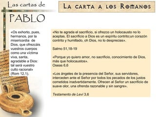 «No te agrada el sacrificio, si ofrezco un holocausto no lo aceptas. El sacrificio a Dios es un espíritu contrito;un corazón contrito y humillado, oh Dios, no lo desprecias». Salmo 51,18-19  «Porque yo quiero amor, no sacrificio, conocimiento de Dios, más que holocaustos». Oseas 6,6  «Los ángeles de la presencia del Señor, sus servidores, interceden ante el Señor por todos los pecados de los justos cometidos inadvertidamente. Ofrecen al Señor un sacrificio de suave olor, una ofrenda razonable y sin sangre». Testamento de Leví  3,6 «Os exhorto, pues, hermanos, por la misericordia  de Dios, que ofrezcáis vuestros cuerpos como una víctima viva, santa, agradable a Dios: tal será vuestro culto racional» (Rom 12,1). 
