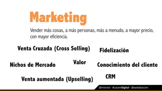 @Interlat	-	#LatamDigital	-	@webdotcom	
Marketing
Vender más cosas, a más personas, más a menudo, a mayor precio,
con mayor eficiencia.
Venta Cruzada (Cross Selling)
Nichos de Mercado
Fidelización
Venta aumentada (Upselling)
Valor Conocimiento del cliente
CRM
 