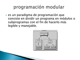    es un paradigma de programación que
    consiste en dividir un programa en módulos o
    subprogramas con el fin de hacerlo más
    legible y manejable.
 