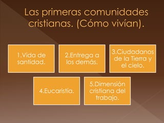 1.Vida de
santidad.
2.Entrega a
los demás.
3.Ciudadanos
de la Tierra y
el cielo.
4.Eucaristía.
5.Dimensión
cristiana del
trabajo.
 