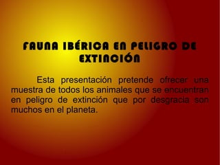 FAUNA IBÉRICA EN PELIGRO DE EXTINCIÓN Esta presentación pretende ofrecer una muestra de todos los animales que se encuentran en peligro de extinción que por desgracia son muchos en el planeta. 