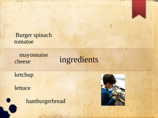 ingredients
Burger spinach
tomatoe
mayonnaise
cheese
ketchup
lettuce
hamburgerbread
 