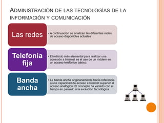 ADMINISTRACIÓN DE LAS TECNOLOGÍAS DE LA
INFORMACIÓN Y COMUNICACIÓN
• A continuación se analizan las diferentes redes
de acceso disponibles actualesLas redes
• El método más elemental para realizar una
conexión a Internet es el uso de un módem en
un acceso telefónico básico.
Telefonía
fija
• La banda ancha originariamente hacía referencia
a una capacidad de acceso a Internet superior al
acceso analógico. El concepto ha variado con el
tiempo en paralelo a la evolución tecnológica.
Banda
ancha
 