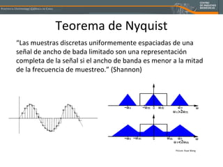 Teorema de Nyquist “ Las muestras discretas uniformemente espaciadas de una señal de ancho de bada limitado son una representación completa de la señal si el ancho de banda es menor a la mitad de la frecuencia de muestreo.” (Shannon) Picture: Ruye Wang 