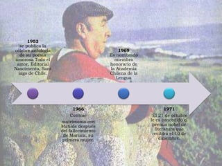 1953
   se publica la
célebre antología                           1969
   de su poesía                         Es nombrado
amorosa Todo el                           miembro
 amor, Editorial                        honorario de
Nascimento, Sant                        la Academia
  iago de Chile.                        Chilena de la
                                           Lengua




                          1966                                 1971
                         Contrae                         El 21 de octubre
                    matrimonio con                      le es concedido el
                    Matilde después                      premio nobel de
                    del fallecimiento                     literatura que
                     de Maruca, su                       recibirá el 10 de
                    primera mujer.                          diciembre.
 