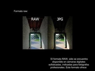 Formato raw:




                 El formato RAW, sólo se encuentra
                   disponible en cámaras digitales
               sofisticadas, indicadas para fotógrafos
                profesionales. Este formato ofrece
 