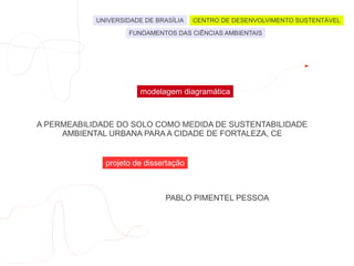UNIVERSIDADE DE BRASÍLIA   CENTRO DE DESENVOLVIMENTO SUSTENTÁVEL

                    FUNDAMENTOS DAS CIÊNCIAS AMBIENTAIS




                        modelagem diagramática



A PERMEABILIDADE DO SOLO COMO MEDIDA DE SUSTENTABILIDADE
     AMBIENTAL URBANA PARA A CIDADE DE FORTALEZA, CE


              projeto de dissertação



                               PABLO PIMENTEL PESSOA
 