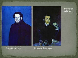 Abandona su formación a los 18 años, considerando que los profesores limitaban sus capacidades. Comienza a frecuentar ElsQuatreGats, donde se relaciona con artistas y escritores fascinados con la vida cultural parisina. Conoce, entre otras personas, a Carlos Casagemas y Santiago Cardona. En este tiempo, abandona el apellido paterno y firma sus cuadros con el apellido de la madre “Picasso”. En esta época, las pinturas de Picasso conocerán la influencia del modernismo catalán o el pos impresionismo europeo.