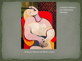Características generales del cubismoDescomposición de la realidad en la geometría más básica: El cubo; aunque se mantienen líneas curvas en algunas composiciones.