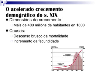 O acelerado crecemento demográfico do s. XIX Dimensións do crecemento : Máis de 400 millóns de habitantes en 1800 Causas: Descenso brusco da mortalidade Incremento da fecundidade 
