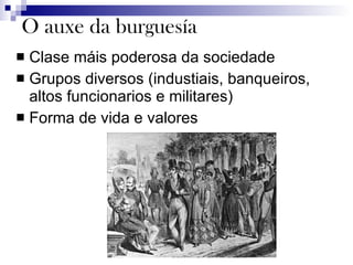 O auxe da burguesía Clase máis poderosa da sociedade Grupos diversos (industiais, banqueiros, altos funcionarios e militares) Forma de vida e valores 