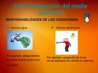3.2.-La protección del medio
ambiente
RESPONSABILIDADES DE LOS CIUDADANOS
Ahorrar agua:
Por ejemplo, asegurándote
de cerrar el grifo al terminar
de usarlo.
Ahorrar electricidad:
Por ejemplo, apagando las luces
de las habitaciones donde no estamos.