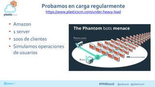 #PAM2016 @psluaces @plasticscm
Probamos en carga regularmente
https://www.plasticscm.com/under-heavy-load
• Amazon
• 1 server
• 100s de clientes
• Simulamos operaciones
de usuarios
 