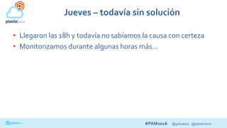 #PAM2016 @psluaces @plasticscm
Jueves – todavía sin solución
• Llegaron las 18h y todavía no sabíamos la causa con certeza
• Monitorizamos durante algunas horas más…
 