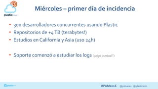 #PAM2016 @psluaces @plasticscm
Miércoles – primer día de incidencia
• 300 desarrolladores concurrentes usando Plastic
• Repositorios de +4TB (terabytes!)
• Estudios en California y Asia (uso 24h)
• Soporte comenzó a estudiar los logs (¿algo puntual?)
 
