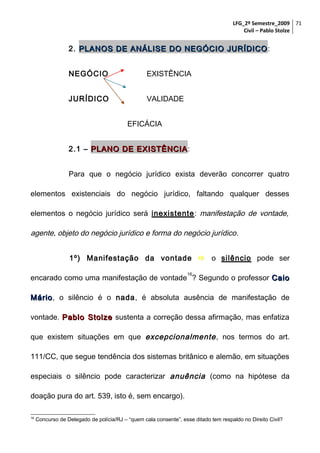 LFG_2º Semestre_2009 71
Civil – Pablo Stolze

2. PLANOS DE ANÁLISE DO NEGÓCIO JURÍDICO :
NEGÓCIO

EXISTÊNCIA

JURÍDICO

VALIDADE
EFICÁCIA

2.1 – PLANO DE EXISTÊNCIA :
Para que o negócio jurídico exista deverão concorrer quatro
elementos existenciais do negócio jurídico, faltando qualquer desses
elementos o negócio jurídico será inexistente: manifestação de vontade,

agente, objeto do negócio jurídico e forma do negócio jurídico .
1º) Manifestação da vontade  o silêncio pode ser
16

encarado como uma manifestação de vontade ? Segundo o professor Caio
Mário, o silêncio é o nada, é absoluta ausência de manifestação de
Mário
vontade. Pablo Stolze sustenta a correção dessa afirmação, mas enfatiza
que existem situações em que excepcionalmente , nos termos do art.
111/CC, que segue tendência dos sistemas britânico e alemão, em situações
especiais o silêncio pode caracterizar anuência (como na hipótese da
doação pura do art. 539, isto é, sem encargo).
16

Concurso de Delegado de polícia/RJ – “quem cala consente”, esse ditado tem respaldo no Direito Civil?

 