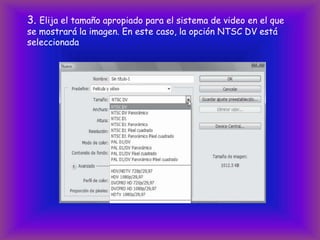 3. Elija el tamaño apropiado para el sistema de video en el que
se mostrará la imagen. En este caso, la opción NTSC DV está
seleccionada
 