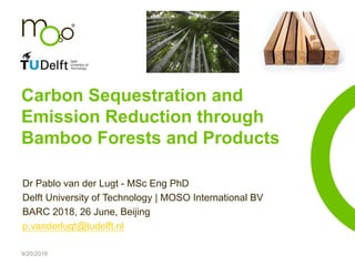 9/20/2018
Carbon Sequestration and
Emission Reduction through
Bamboo Forests and Products
Dr Pablo van der Lugt - MSc Eng PhD
Delft University of Technology | MOSO International BV
BARC 2018, 26 June, Beijing
p.vanderlugt@tudelft.nl
 