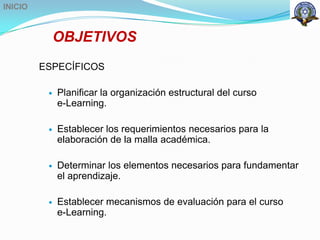 INICIO



              OBJETIVOS
         ESPECÍFICOS

             Planificar la organización estructural del curso
              e-Learning.

             Establecer los requerimientos necesarios para la
              elaboración de la malla académica.

             Determinar los elementos necesarios para fundamentar
              el aprendizaje.

             Establecer mecanismos de evaluación para el curso
              e-Learning.
 