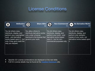 License Conditions


               Attribution                     Share Alike              Non-Commercial           No Derivative Works
                        by                              sa                         nc                             nd


You let others copy,           You allow others to             You let others copy,        You let others copy,
distribute, display, and       distribute derivative works     distribute, display, and    distribute, display, and
perform your copyrighted       only under a license            perform your work - and     perform only verbatim
work - and derivative          identical to the license that   derivative works based      copies of your work, not
works based upon it - but      governs your work.              upon it - but for non-      derivative works based upon
only if they give credit the                                   commercial purposes only.   it.
way you request.




•   Speciﬁc CC License combinations are displayed on the next slide.
•   Full CC License details may be found at the Creative Commons site.
 