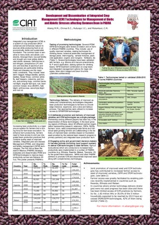 Development and Dissemination of Integrated Crop
                                        Management (ICM) Technologies for Management of Biotic
                                         and Abiotic Stresses affecting Common Bean in PABRA
                                                 Abang M.M.; Chirwa R.C.; Rubyogo J.C.; and Mukankusi, C.M.




           Introduction                                                 Methodologies
Integrated crop management (ICM) is
a system of crop production which                  Testing of promising technologies: Several IPDM/
conserves and enhances natural re-                 ISFM technologies were tested on-station and on farm
sources while producing food on an                 in different PABRA countries. They include: use of
economically viable and sustainable
                                                   quality improved varieties, staking techniques for
foundation. The common bean is sen-
                                                   climbing beans, botanical pesticides management of
sitive to many biotic and abiotic con-             storage pests, intercropping, varietal mixtures, pesti-
straints. Amongst them, low soil fertility         cide application, organic and inorganic fertilizers, etc
and drought are most widely distrib-               (Table 1). Several technologies have been validated
uted abiotic stresses. Deficiencies in             with farmers, e.g. tithonia and manure amendments;
soil nitrogen, phosphorous (P) and
                                                   N, P and K application, staking options for climbing
zinc and toxicities of aluminum and
                                                   beans; ISFM treatment combination on snap bean;
manganese are particularly limiting.                                                                                 Testing the use of Rhizobium inoculum (Biofix ) to
                                                   and integrated management options for major dis-
Pests and diseases are the major                   eases, bean stem maggot and bean bruchids
                                                                                                                    increase N fixation in Kenya (courtesy KARI-Thika)
biotic constraints. They include: bean             (Zabrotes subfasciatus).
stem maggot, foliage beetles, aphids,
beetles, flower thrips, common white-                                                                          Table 1. Technologies tested or validated 2009-2010
fly, leaf hoppers, cutworms, pod bor-                                                                          in some PABRA countries
ers, pod-sucking bugs, common bacte-
rial blight, angular leaf spot, rust, bean                                                                      Technologies being tested/                 Country
common mosaic virus (BCMV), halo                                                                                v alidated
                                                                                                                Staking techniques                         Rwanda, Burundi,
blight, anthracnose, ascochyta blight
and root rot.                                                                                                   Botanicals pesticides (Tephrosia,          DRC, Tanzania, Uganda
                                                                                                                Neem, etc)
                                                                                                                Inorganic pesticides                       Tanzania
                                                            Staking options being tested in Rwanda
                                                                                                                Diseases management in the intercrop-      DRC, Ethiopia
                                                                                                                ping systems
                                                   Technology Delivery: The delivery of improved va-
                                                   rieties and complementary technologies integrated            Combination varieties and supplemen-       Ethiopia, Tanzania,
                                                   bean production technologies to farmers is a knowl-          tary pesticides                            Uganda
                                                   edge intensive, expensive, and a slow and tedious            Organic (Tithonia, FYM) and inorganic      Burundi, DRC, Tanza-
                                                   process. Two approaches were utilized to increase            fertilizers                                nia, Sudan, Zambia
                                                   access to ISFM/IPDM technologies:
                                                                                                                Optimum spatial arrangements and           Ethiopia
                                                                                                                population densities for different seed
                                                 1) A deliberate promot ion and delivery of improved            sizes and growth habits of common
                                                 varieties and ICM technologies as a single package:            bean:
                                                 Partnership among different players has been key in the        N inoculation and P- fertilizer            Kenya,
   A bean field infested by multiple pests and
                    diseases.                    dissemination of these technologies. In the bean grow-
                                                                                                                Crop rotation                              Zambia
                                                 ing regions of Ethiopia, about 30 different partner organi-
Increasing bean productivity is a major          zation representing research, extension, CBOs, NGOs,
pre-occupation for farmers and a driv-           farmers’ union, seed companies/private farms and indi-
ing force for farm level innovation. To          vidual seed growing farmers are collaborating in the de-
enhance farm productivity, farmers               livery of improved bean varieties (based on foundation
need to have access to and use inte-             seed provided by the national bean research program to
grated bean production practices that            primary partners) and integrated bean production tech-
combine quality seed of improved
varieties, integrated pest and disease           2) Engaging policy and government decision-makers
Management (IPDM), and integrated                to harness policies (including input support system)
soil fertility management (ISFM) tech-           to deliver ICM technologies to bean farmers: Agricul-
nologies. The Pan Africa Bean Re-                tural policies which are conducive to increased bean
search Alliance (PABRA) develops,                productivity were implemented in a number of PABRA
evaluates and disseminates IPDM and              countries (e.g. Ethiopia, Rwanda, Malawi, Tanzania (S)
ISFM technologies to improve bean                by the government extension, NARs and other PABRA
productivity across sub-Saharan Af-              partners to promote ICM and disseminate improved seed
                                                 along with complementary technologies.                                   Use of mineral P-fertilizer at planting in Kenya
rica. This poster presents PABRA’s

                            No.           %           No.          % Fe-        Total           Achievements:
Country      Year           Male          Male        Female       male         access
                            107,914       70          46,249       30                           •    Joint promotion of improved seed and ICM technolo-
Ethiopia      2009                                                              154,163
                            128,140       75          42,713       25
                                                                                                     gies has contributed to increased farmer access to
              2010                                                              170,853              seed of improved varieties, ISFM and IPDM technolo-
                            95,709        55          78309        45                                gies. (see table 2)
S. Tz         2009                                                              174,018
                            82,921        45          101,348      55
                                                                                                •    Farmer access was greatly facilitated by enabling poli-
              2010                                                              184,269              cies recently implemented in countries such as
                            35,577        30          83,013       70                                Rwanda, Ethiopia and Malawi.
Uganda        2009                                                              118,590
                            64,188         70         27,509       30
                                                                                                •    In countries where similar technology delivery strate-
              2010                                                              91,697               gies were not used progress has been slow and there
                            73,590         44         94,900       56                                has been limited access of ICM practices by farmers.
Rwanda        2009                                                              168,490
                            202,692        69         90,150       31
                                                                                                •    So far, 1.83 million HHs or 36.6% of the 5 million
              2010                                                              292,842              households expected to be reached by 2013 have ac-
                            149,529        54         126,773      46                                cessed IPDM/ISFM technologies, 42% of them being
 Malawi      2009                                                               276,302              women (Table 2).
             2010           115,384       58          83,659       42
                                                                                199,043
                                                                                                               For more information: m.abang@cgiar.org
                            1,055,64                                            1,830,2
Total                       4             58          774,623      42           67
 