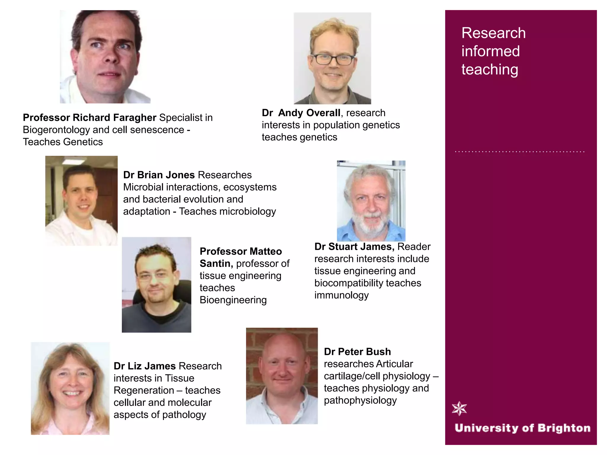 Research
informed
teaching
Professor Richard Faragher Specialist in
Biogerontology and cell senescence -
Teaches Genetics
Dr Brian Jones Researches
Microbial interactions, ecosystems
and bacterial evolution and
adaptation - Teaches microbiology
Dr Andy Overall, research
interests in population genetics
teaches genetics
Professor Matteo
Santin, professor of
tissue engineering
teaches
Bioengineering
Dr Liz James Research
interests in Tissue
Regeneration – teaches
cellular and molecular
aspects of pathology
Dr Stuart James, Reader
research interests include
tissue engineering and
biocompatibility teaches
immunology
Dr Peter Bush
researches Articular
cartilage/cell physiology –
teaches physiology and
pathophysiology
 