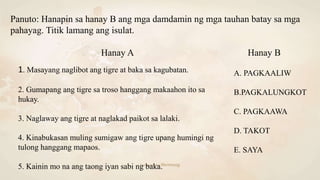 Panuto: Hanapin sa hanay B ang mga damdamin ng mga tauhan batay sa mga
pahayag. Titik lamang ang isulat.
1. Masayang naglibot ang tigre at baka sa kagubatan.
2. Gumapang ang tigre sa troso hanggang makaahon ito sa
hukay.
3. Naglaway ang tigre at naglakad paikot sa lalaki.
4. Kinabukasan muling sumigaw ang tigre upang humingi ng
tulong hanggang mapaos.
5. Kainin mo na ang taong iyan sabi ng baka.
A. PAGKAALIW
B.PAGKALUNGKOT
C. PAGKAAWA
D. TAKOT
E. SAYA
Hanay A Hanay B
 