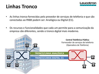 Linhas Tronco
• As linhas tronco fornecidas pelo provedor de serviços de telefonia e que são
  conectadas ao PABX podem ser: Analógica ou Digital (E1).

• Os recursos e funcionalidades que cada um permite para a comunicação da
  empresa são diferentes, sendo o tronco digital mais moderno.


                                                    Central Telefônica Pública
                                                Fornecedor de serviços de telefonia
                                                     (Operadora de Telefonia)


                         TRONCO/LINHA ANALÓGICA
                         TRONCO/LINHA DIGITAL: E1
 