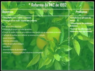 Problemas Ineficiência na aplicação dos apoios Intensificação dos problemas ambientais  Acentuar das diferenças de rendimento entre agricultores. Reequilíbrio entre a oferta e a procura. Promoção de um maior respeito pelo ambiente. Para atingir estes objectivos: Diminuição de preços agrícolas garantidos Criação de ajudas directas aos produtores sem ligação com as quantidades produzidas. Definição de medidas para melhorar os sistemas de produção: - pousio temporário - reformas antecipadas prática da agricultura biológica silvicultura desenvolvimento da pluriactividade orientação para novas produções industriais ou energéticas Objectivos  * Reforma da PAC de 1992 