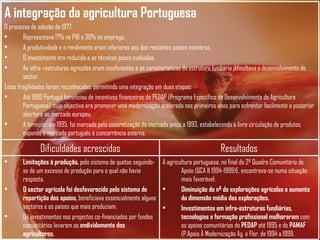 A agricultura portuguesa, no final do 2º Quadro Comunitário de Apoio (QCA II 1994-1999)E, encontrava-se numa situação mais favorável: Diminuição do nº de explorações agrícolas e aumento da dimensão média das explorações. Investimentos em infra-estruturas fundiárias, tecnologias e formação profissional melhoraram  com os apoios comunitários do  PEDAP  até 1995 e do  PAMAF  (P.Apoio À Modernização Ag. e Flor. de 1994 a 1999. Resultados Limitações à produção,  pelo sistema de quotas seguindo-se de um excesso de produção para o qual não havia resposta. O sector agrícola foi desfavorecido pelo sistema de repartição dos apoios,  beneficiava essencialmente alguns sectores e os países que mais produziam. Os investimentos nos projectos co-financiados por fundos comunitários levaram ao  endividamento dos agricultores. Dificuldades acrescidas A integração da agricultura Portuguesa O processo de adesão de 1977: Representava 17% no PIB e 30% no emprego. A produtividade e o rendimento eram inferiores aos dos restantes países membros. O investimento era reduzido e as técnicas pouco evoluídas. As infra –estruturas agrícolas eram insuficientes e as características da estrutura fundiária dificultava o desenvolvimento do sector. Estas fragilidades foram reconhecidas, permitindo uma integração em duas etapas: Até 1990 Portugal beneficiou de incentivos financeiros do PEDAP (Programa Específico de Desenvolvimento de Agricultura Portuguesa), cujo objectivo era promover uma modernização acelerada nos primeiros anos para enfrentar facilmente a posterior abertura ao mercado europeu. A terminar em 1995, foi marcada pela concretização do mercado único a 1993, estabelecendo a livre circulação de produtos, expondo o mercado português à concorrência externa. 