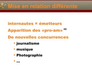 Mise en relation différente internautes = émetteurs Apparition des «pro-am» De nouvelles concurrences journalisme musique Photographie … 