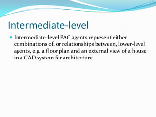Intermediate-level
 Intermediate-level PAC agents represent either
 combinations of, or relationships between, lower-level
 agents, e.g. a floor plan and an external view of a house
 in a CAD system for architecture.
 
