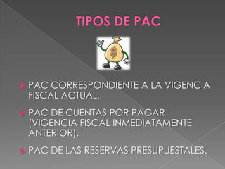  PAC CORRESPONDIENTE A LA VIGENCIA
FISCAL ACTUAL.
 PAC DE CUENTAS POR PAGAR
(VIGENCIA FISCAL INMEDIATAMENTE
ANTERIOR).
 PAC DE LAS RESERVAS PRESUPUESTALES.
 