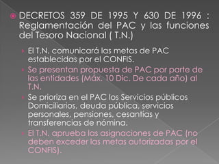  DECRETOS 359 DE 1995 Y 630 DE 1996 :
Reglamentación del PAC y las funciones
del Tesoro Nacional ( T.N.)
› El T.N. comunicará las metas de PAC
establecidas por el CONFIS.
› Se presentan propuesta de PAC por parte de
las entidades (Máx. 10 Dic. De cada año) al
T.N.
› Se prioriza en el PAC los Servicios públicos
Domiciliarios, deuda pública, servicios
personales, pensiones, cesantías y
transferencias de nómina.
› El T.N. aprueba las asignaciones de PAC (no
deben exceder las metas autorizadas por el
CONFIS).
 