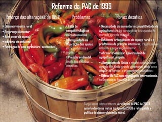 Reforma da PAC de 1999
Reforço das alterações de 1992 Problemas Novos desafios
• Desenvolvimento rural
• Segurança alimentar
• Bem-estar do animal
• melhoria do ambiente
• Promoção de uma agricultura sustentável
• Falta de
competitividade no
mercado mundial
• Desigualdade na
repartição dos apoios,
entre produtores e
regiões.
• Pressão ambiental,
devido aos sistemas
intensivos.
• Necessidade de aumentar a competitividade da
agricultura face às perspectivas de expansão do
mercado agrícola mundial.
• Deficiente ordenamento do espaço rural e o
predomínio da práticas intensivas, trágico para o
ambiente e segurança alimentar.
• Afirmar e valorizar a diversidade da
agricultura Europeia.
• Alargamento da União a estados onde o sector
agrícola tem ainda grande importância tendo de se
adaptar às normas e orientações comunitárias.
• Defesa da PAC nas negociações internacionais,
na Organização Nacional do Comércio.
Surge assim, neste contexto, a reforma da PAC de 2003,
aprofundando as metas da Agenda 2000 e reforçando a
política de desenvolvimento rural.
 