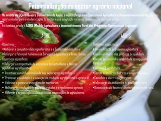 Potencialização do sector agrário nacional
No âmbito do QÇA III Quadro Comunitário de Apoio, o AGRO (Programa Operacional Agricultura e Desenvolvimento Rural), garante
oportunidades para a modernização do sector e sua adaptação às novas realidades do mercado global.
Foi também criada a AGRIS (Medida Agricultura e desenvolvimento Rural dos Programas Operacionais Regionais).
AGRO AGRIS
Objectivos:
•Melhorar a competitividade Agroflorestal e a Sustentabilidade Rural
•Reforçar o Potencial Humano e os Serviços à Agricultura e Áreas Rurais
Objectivos específicos:
• Reforçar a competitividade económica das actividades e fileiras
produtivas agroflorestais;
• Incentivar a multifuncionalidade das explorações agrícolas;
• Promover a qualidade e a inovação da produção agroflorestal e agrorural;
• Valorizar o potencial específico dos territórios;
• Melhorar as condições de vida e de trabalho e o rendimento agrícola;
• Reforçar a organização e a iniciativa das associações de agricultores.
Objectivos específicos:
• Diversificação da pequena agricultura.
•Desenvolvimento dos produtos de qualidade.
•Gestão sustentável e estabilidade ecológica das
florestas.
•Serviços à agricultura.
•Gestão de recursos hídricos e emparcelamento.
•Caminhos e electrificação rurais.
•Valorização do ambiente e do património rural.
•Dinamização do desenvolvimento agroflorestal rural.
 